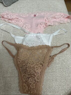 Victoria's Secret Pink, White & Tan Lace Thong Trio